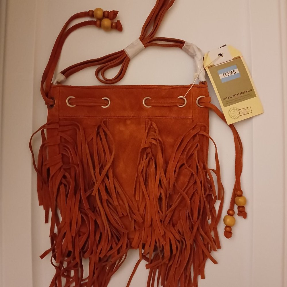Toms Celestial Soft Suede Leather Fringe Drawstring Bucket Crossbody Bag, Sienna